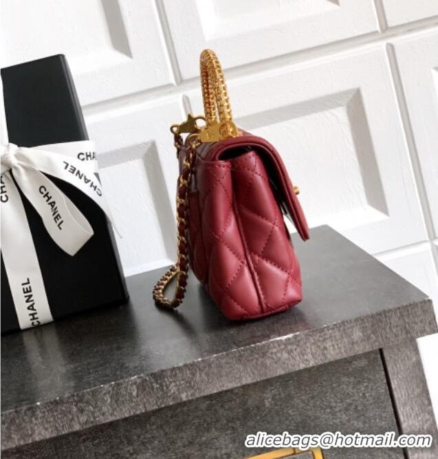 Top Design Chanel Coco Handle Calfskin Micro Flap Bag with Woven Top with Strass AS2010 Burgundy 2025