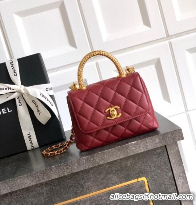Top Design Chanel Coco Handle Calfskin Micro Flap Bag with Woven Top with Strass AS2010 Burgundy 2025