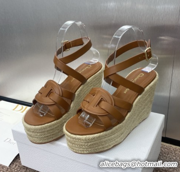 Buy Luxury Dior D-Club Wedge Sandals 9.5cm in Calfskin Leather Brown 0710036