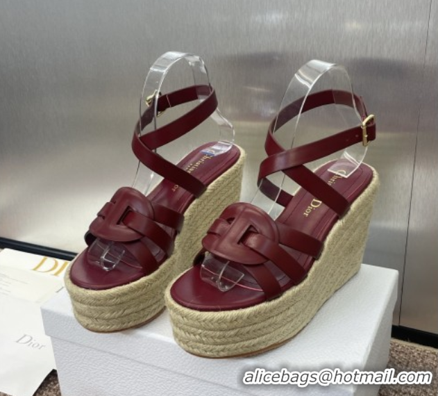 Classic Hot Dior D-Club Wedge Sandals 9.5cm in Calfskin Leather Ruby Red 0710037