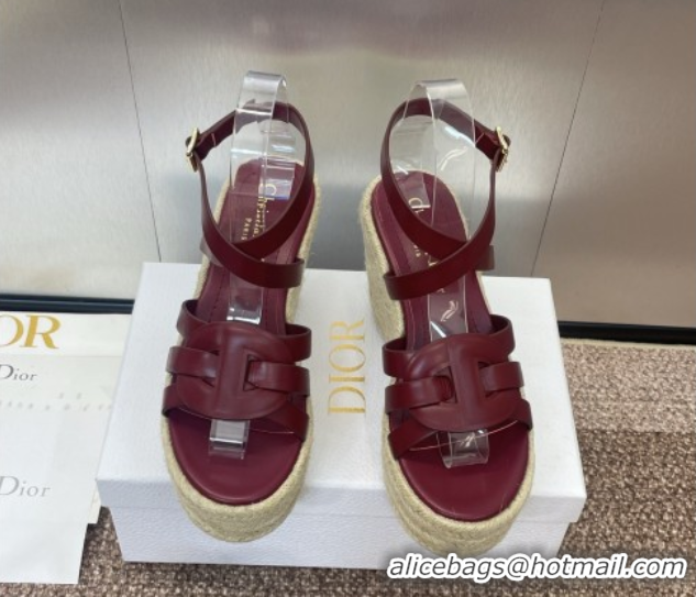 Classic Hot Dior D-Club Wedge Sandals 9.5cm in Calfskin Leather Ruby Red 0710037