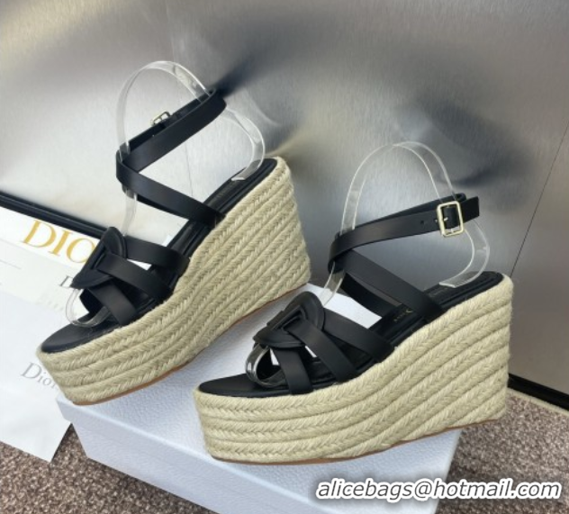 Grade Dior D-Club Wedge Sandals 9.5cm in Calfskin Leather Black 0710038