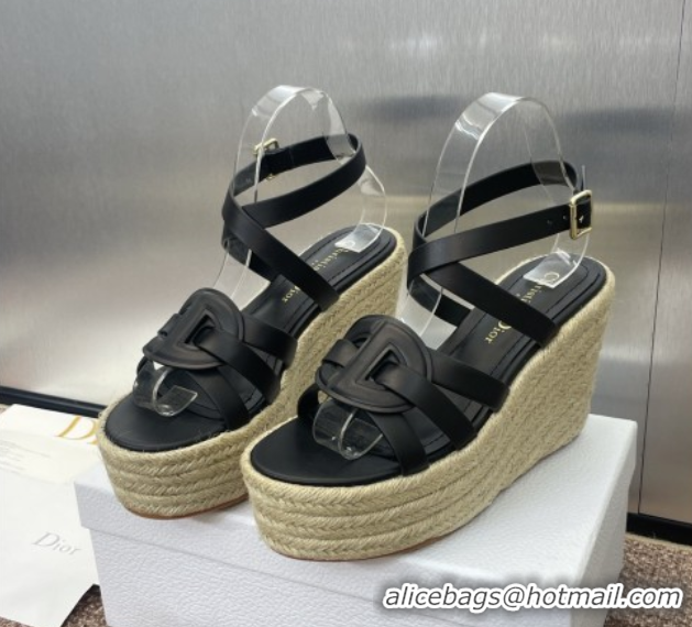 Grade Dior D-Club Wedge Sandals 9.5cm in Calfskin Leather Black 0710038