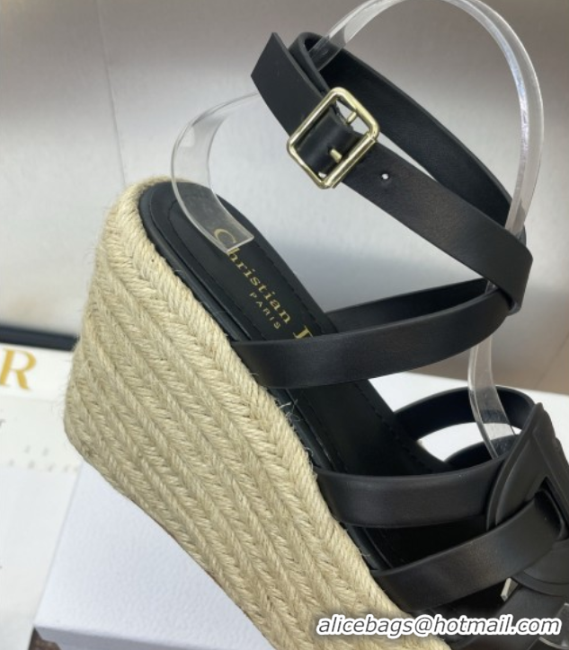 Grade Dior D-Club Wedge Sandals 9.5cm in Calfskin Leather Black 0710038