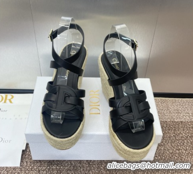 Grade Dior D-Club Wedge Sandals 9.5cm in Calfskin Leather Black 0710038