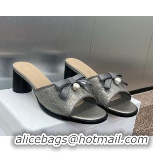 Unique Style Dior Oblique Leather Heeled Slides Sandal 6cm with Pearl Bow Grey 0710042