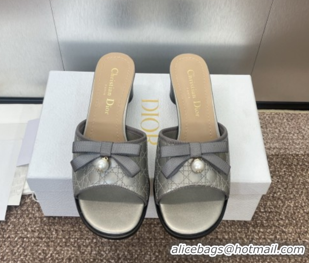 Unique Style Dior Oblique Leather Heeled Slides Sandal 6cm with Pearl Bow Grey 0710042
