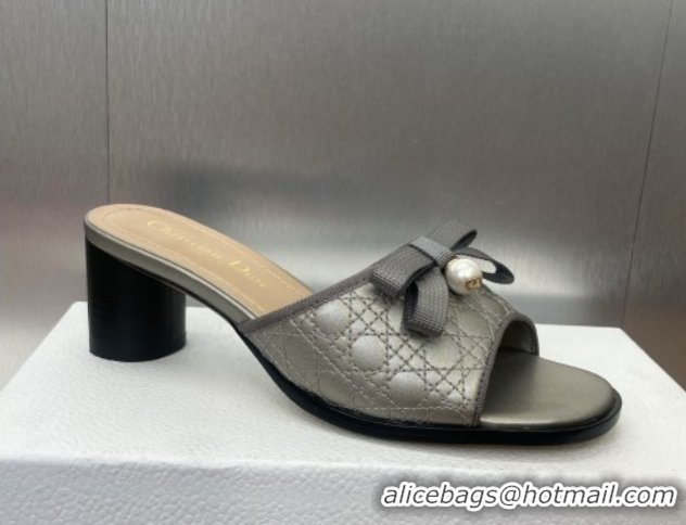 Unique Style Dior Oblique Leather Heeled Slides Sandal 6cm with Pearl Bow Grey 0710042