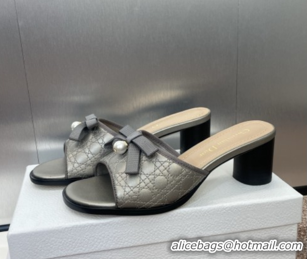 Unique Style Dior Oblique Leather Heeled Slides Sandal 6cm with Pearl Bow Grey 0710042