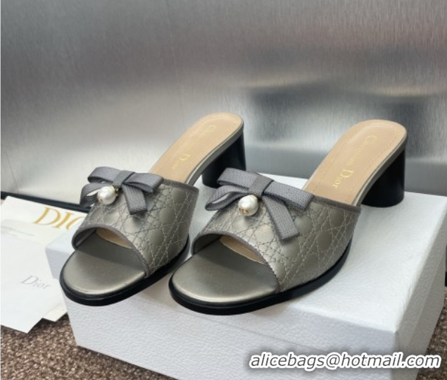Unique Style Dior Oblique Leather Heeled Slides Sandal 6cm with Pearl Bow Grey 0710042