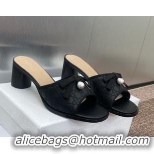 Perfect Dior Oblique Leather Heeled Slides Sandal 6cm with Pearl Bow Black 0710043