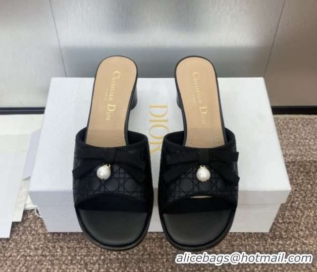 Perfect Dior Oblique Leather Heeled Slides Sandal 6cm with Pearl Bow Black 0710043