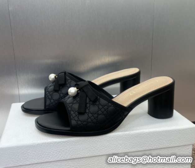 Perfect Dior Oblique Leather Heeled Slides Sandal 6cm with Pearl Bow Black 0710043