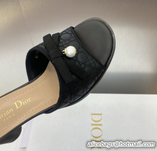 Perfect Dior Oblique Leather Heeled Slides Sandal 6cm with Pearl Bow Black 0710043
