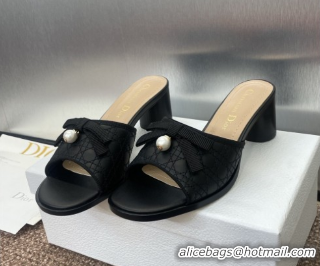 Perfect Dior Oblique Leather Heeled Slides Sandal 6cm with Pearl Bow Black 0710043