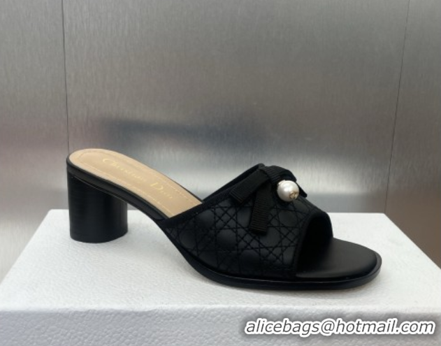 Perfect Dior Oblique Leather Heeled Slides Sandal 6cm with Pearl Bow Black 0710043