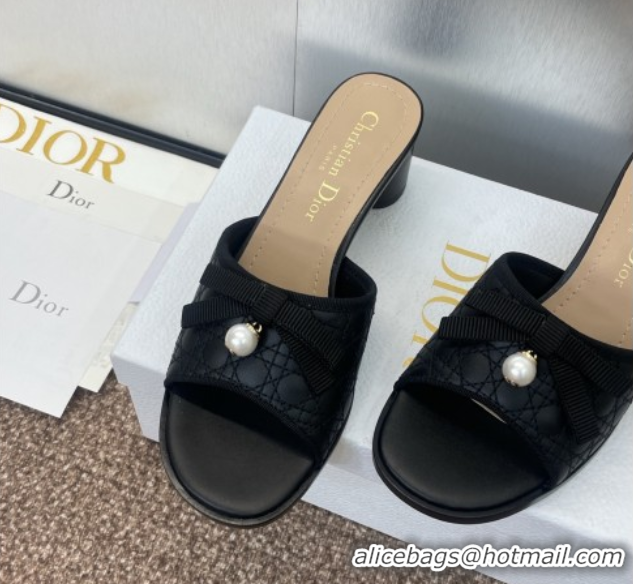 Perfect Dior Oblique Leather Heeled Slides Sandal 6cm with Pearl Bow Black 0710043