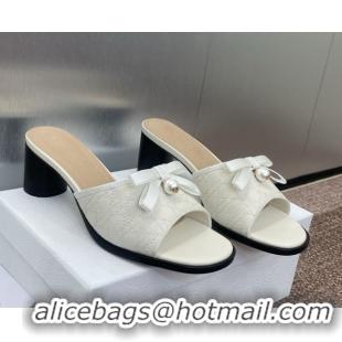 Stylish Dior Oblique Leather Heeled Slides Sandal 6cm with Pearl Bow White 0710044