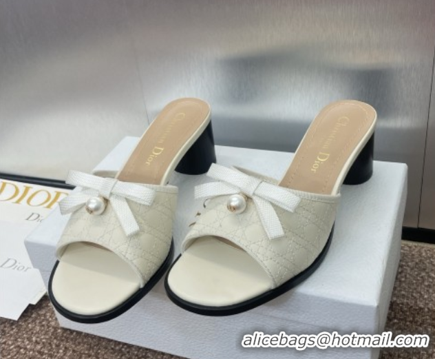 Stylish Dior Oblique Leather Heeled Slides Sandal 6cm with Pearl Bow White 0710044