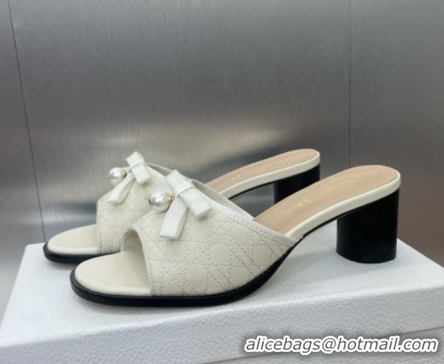 Stylish Dior Oblique Leather Heeled Slides Sandal 6cm with Pearl Bow White 0710044