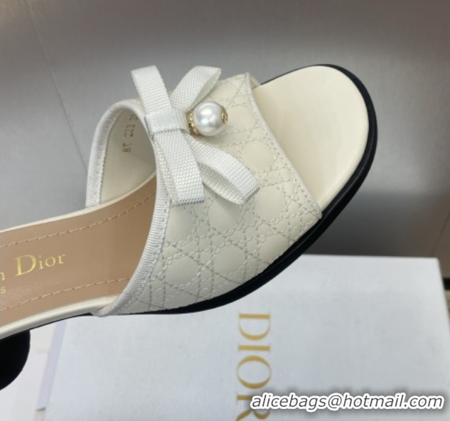Stylish Dior Oblique Leather Heeled Slides Sandal 6cm with Pearl Bow White 0710044