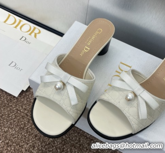 Stylish Dior Oblique Leather Heeled Slides Sandal 6cm with Pearl Bow White 0710044