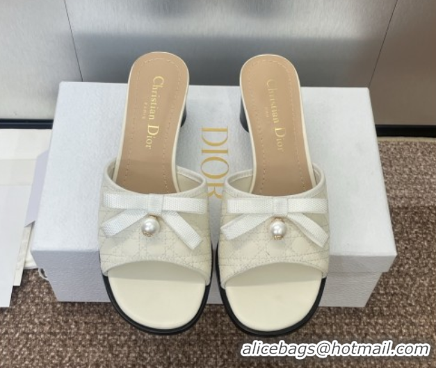 Stylish Dior Oblique Leather Heeled Slides Sandal 6cm with Pearl Bow White 0710044