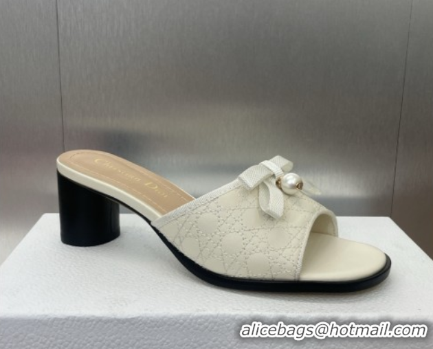 Stylish Dior Oblique Leather Heeled Slides Sandal 6cm with Pearl Bow White 0710044