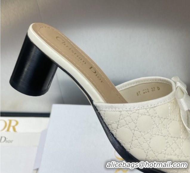 Stylish Dior Oblique Leather Heeled Slides Sandal 6cm with Pearl Bow White 0710044