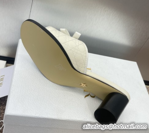 Stylish Dior Oblique Leather Heeled Slides Sandal 6cm with Pearl Bow White 0710044