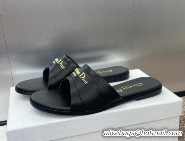 Top Design Dior My Dior Flat Slides Sandal in Supple Calfskin Black 0710049