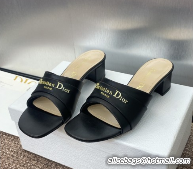Cheap Dior My Dior Heeled Slides Sandal 3.5cm in Supple Calfskin Black 0710052