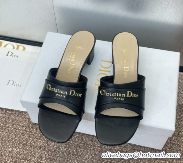 Cheap Dior My Dior Heeled Slides Sandal 3.5cm in Supple Calfskin Black 0710052