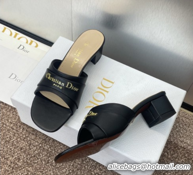 Cheap Dior My Dior Heeled Slides Sandal 3.5cm in Supple Calfskin Black 0710052