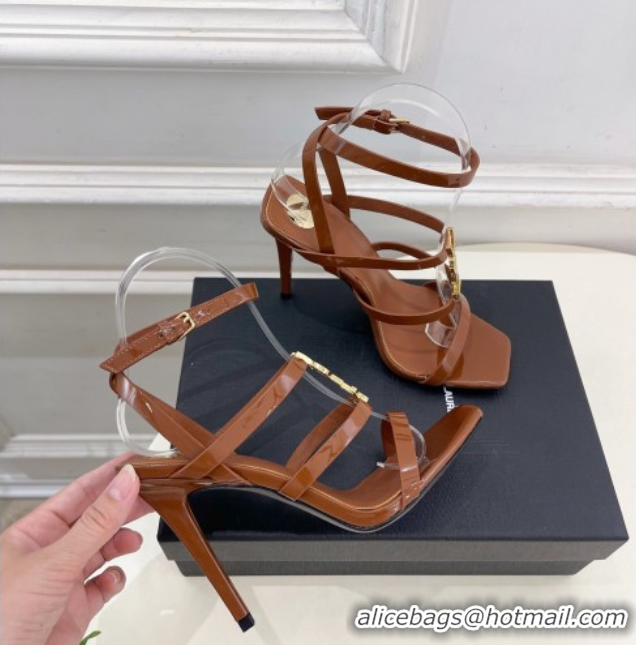Best Saint Laurent Cassandra Sandals 10.5cm in Patent Leather Brown 2025 8227911