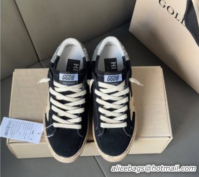 Stylish Golden Goose Women’s Hi Star in black leather with silver glitter heel tab 0711011