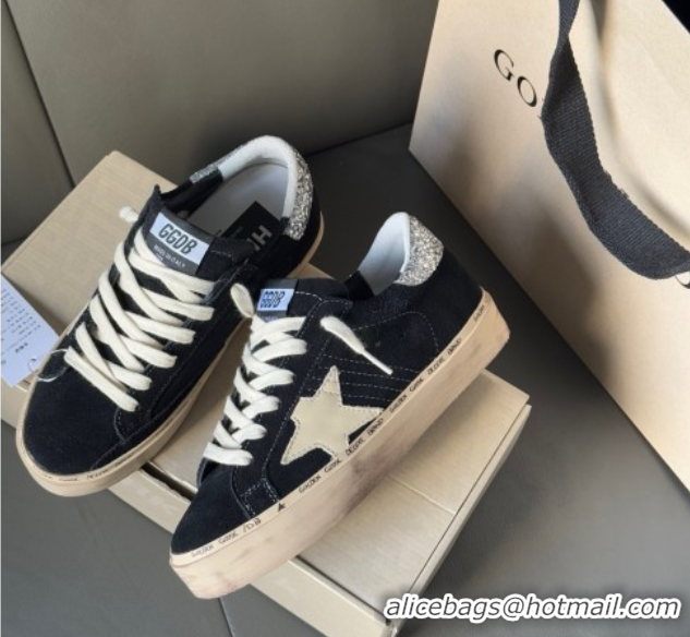 Stylish Golden Goose Women’s Hi Star in black leather with silver glitter heel tab 0711011