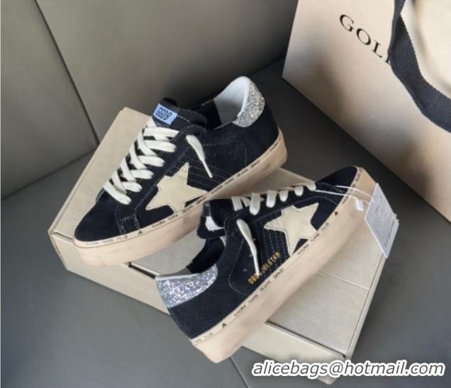 Stylish Golden Goose Women’s Hi Star in black leather with silver glitter heel tab 0711011
