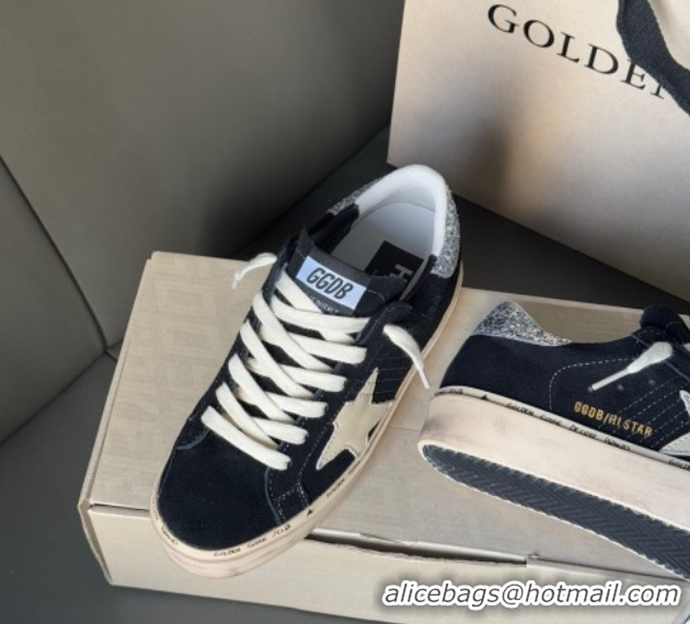 Stylish Golden Goose Women’s Hi Star in black leather with silver glitter heel tab 0711011