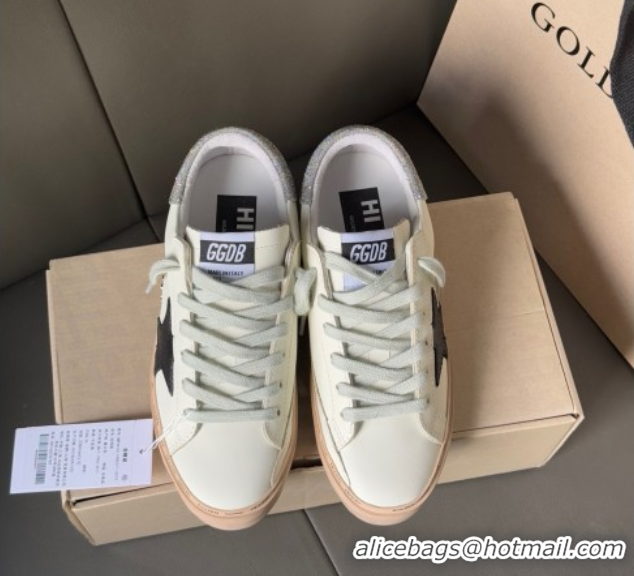 Luxurious Golden Goose Women’s Hi Star in white leather with suede star and silver glitter heel tab 0711012
