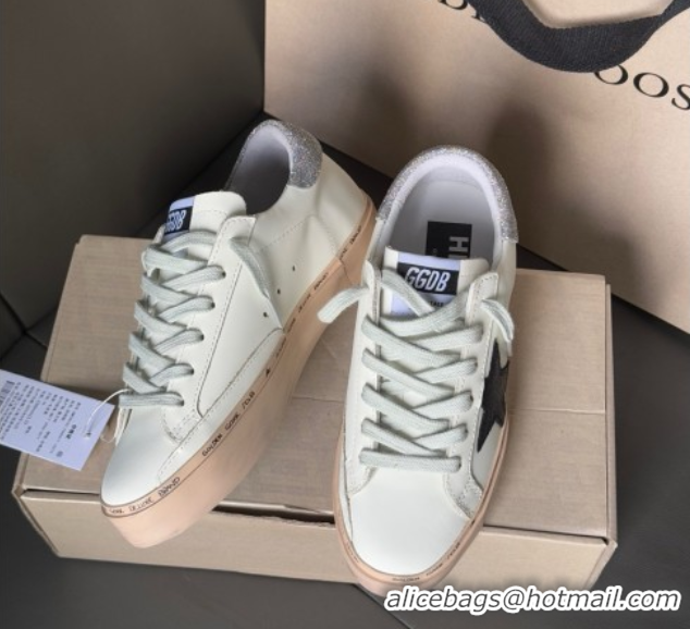 Luxurious Golden Goose Women’s Hi Star in white leather with suede star and silver glitter heel tab 0711012