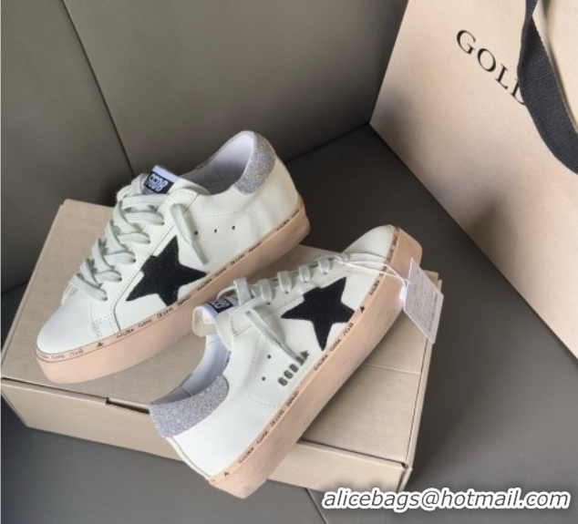 Luxurious Golden Goose Women’s Hi Star in white leather with suede star and silver glitter heel tab 0711012