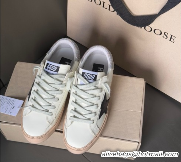 Luxurious Golden Goose Women’s Hi Star in white leather with suede star and silver glitter heel tab 0711012