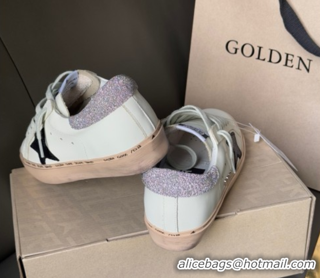 Luxurious Golden Goose Women’s Hi Star in white leather with suede star and silver glitter heel tab 0711012