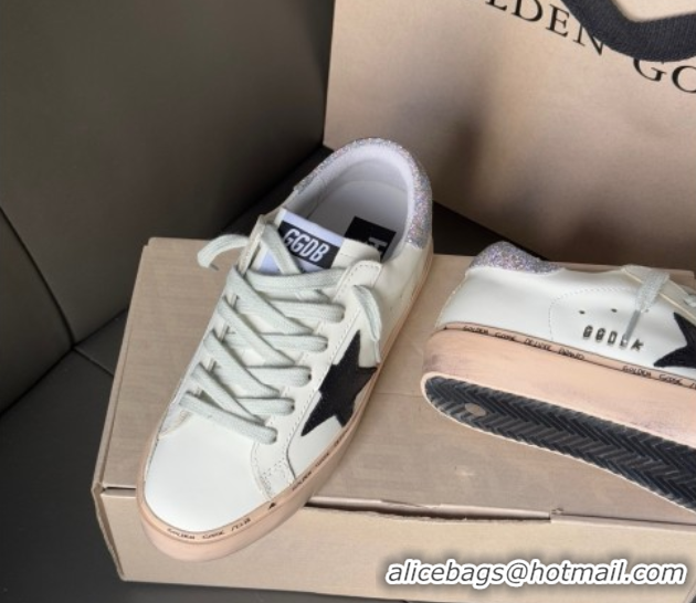 Luxurious Golden Goose Women’s Hi Star in white leather with suede star and silver glitter heel tab 0711012
