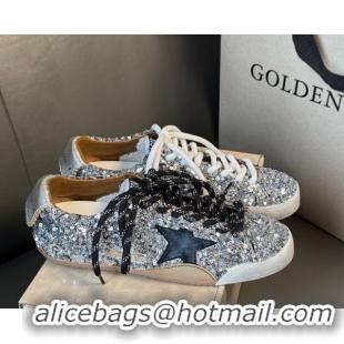 Top Grade Golden Goose Women's True-Star in silver sequins with black star and silver leather heel tab 0711017