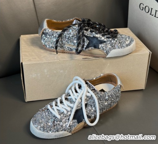 Top Grade Golden Goose Women's True-Star in silver sequins with black star and silver leather heel tab 0711017