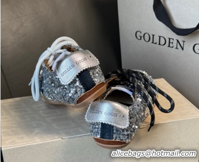 Top Grade Golden Goose Women's True-Star in silver sequins with black star and silver leather heel tab 0711017