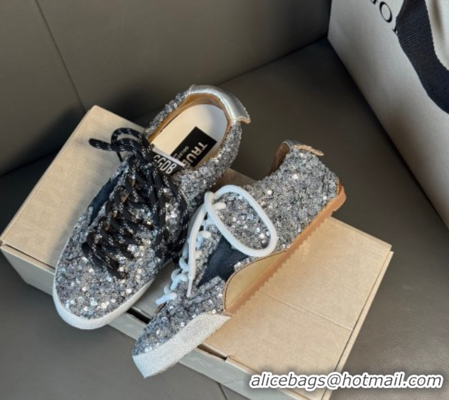Top Grade Golden Goose Women's True-Star in silver sequins with black star and silver leather heel tab 0711017