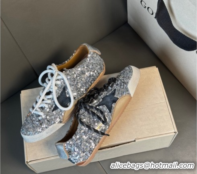 Top Grade Golden Goose Women's True-Star in silver sequins with black star and silver leather heel tab 0711017